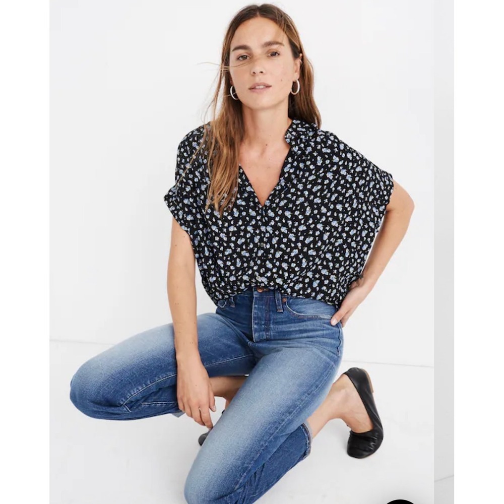 Madewell Central Shirt Womens XXS Black Blue Floral Short Sleeve Button Down Top